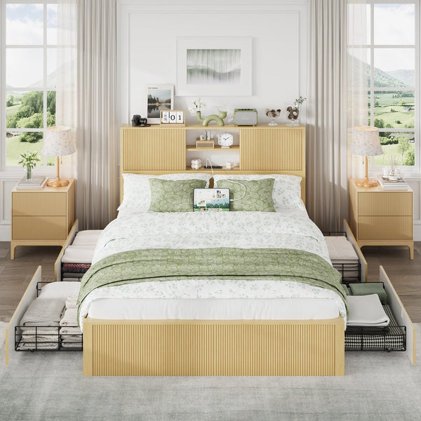 English Elm Queen Storage Bed Oak Finish Sliding Barn Door Headboard with Built-in Charging T3773P417190