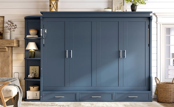 English Elm Queen Murphy Wall Bed with Side Cabinets Open Shelving and Drawers for Studio Rooms Blue W1580S00453