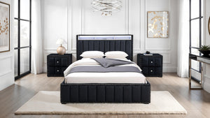 English Elm Beige Fabric Upholstered Nightstand with Channel Tufting Nailhead Trim and Crystal Knobs Black B2741P421103