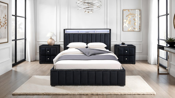 English Elm Contemporary Full Bedroom Set Channel Tufted Upholstered Bed with Led and Nightstands Black B2741S00774