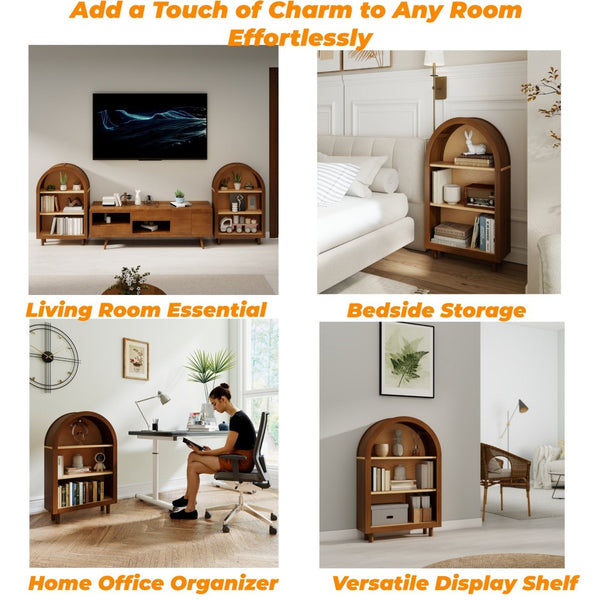 English Elm Arched Three Tier Bookshelf White Frame Woodgrain Shelves Modern Storage for Any Room W2557P428369