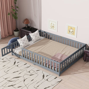 English Elm Queen Floor Bed with Safety Fence and Guardrails, Rubberwood Low Profile Platform for Kids Grey W504P286386