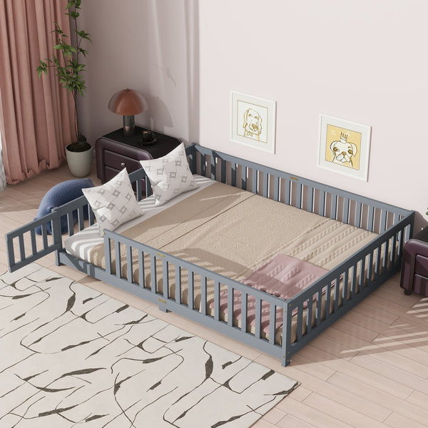 English Elm Queen Floor Bed with Safety Fence and Guardrails, Rubberwood Low Profile Platform for Kids Grey W504P286386