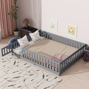 English Elm Queen Rubber Wood Floor Bed with Full Perimeter Safety Fence and Hinged Access Door Grey W504P429339