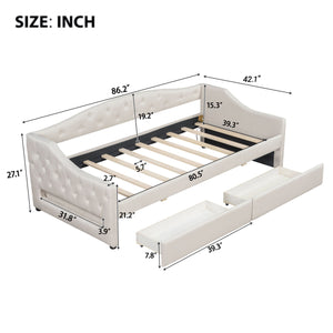 English Elm Upholstered Twin XL Daybed with LED Belt and Two Underbed Drawers, Linen Backrest, Modern Storage Elegance Beige DL002060AAA