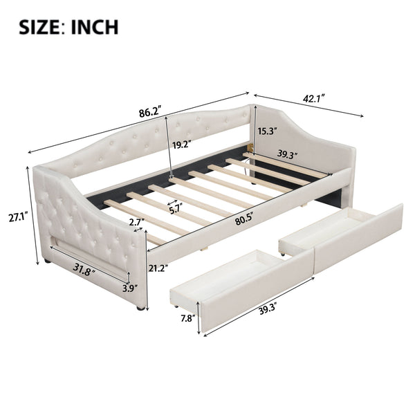 English Elm Upholstered Twin XL Daybed with LED Belt and Two Underbed Drawers, Linen Backrest, Modern Storage Elegance Beige DL002060AAA