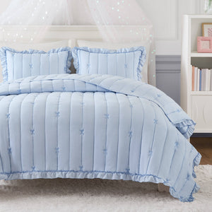 English Elm 3-piece Reversible Microfiber Quilt Set Bow Embroidery Ruffled Trim Romantic Bedroom Blue B035P482883