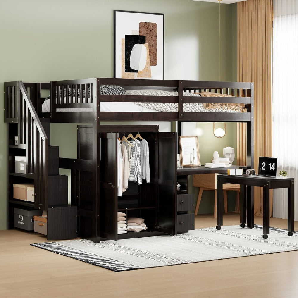 English Elm Queen Murphy Bed with Integrated Desk Cabinet Shelves Space Saving Studio Solution Espresso N708S00014P