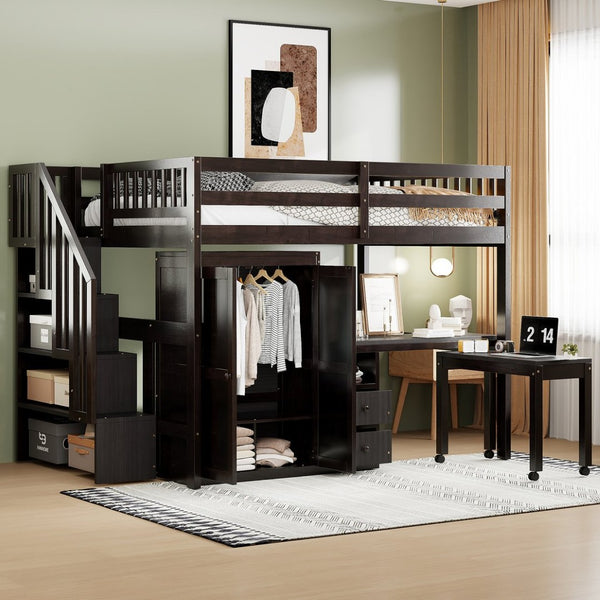 English Elm Queen Murphy Bed with Integrated Desk Cabinet Shelves Space Saving Studio Solution Espresso N708S00014P