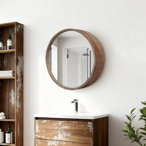 English Elm Round Rattan Textured Wall Mirror Natural Woven Frame Bohemian Accent for Any Room W2295P414103