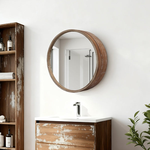 English Elm Round Rattan Textured Wall Mirror Natural Woven Frame Bohemian Accent for Any Room W2295P414103
