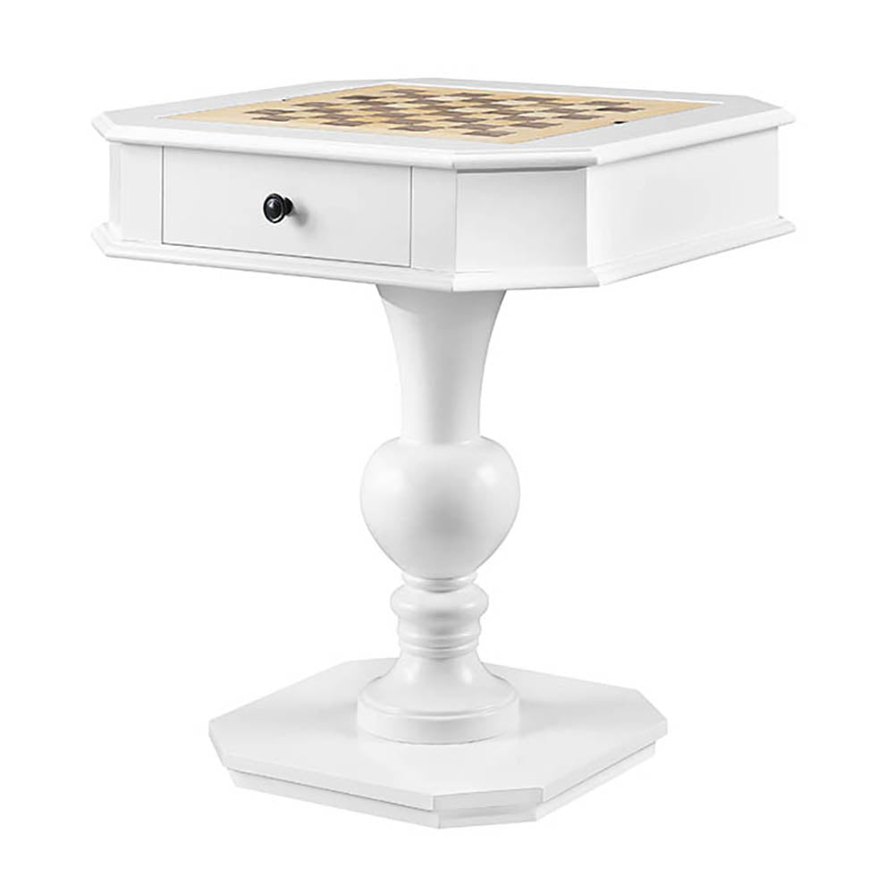 English Elm White Game Table with Pedestal Base, 2 Drawers & Dual-Sided Chess, Checkers, Backgammon Surface B062P189209