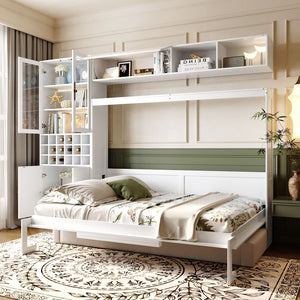 English Elm Full Size Murphy Wall Bed with Linen Sofa Integrated Shelving Usb Charging and Lighting LP000763AAK