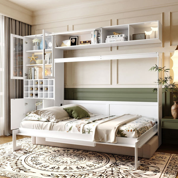 English Elm Full Size Murphy Wall Bed with Linen Sofa Integrated Shelving Usb Charging and Lighting LP000763AAK