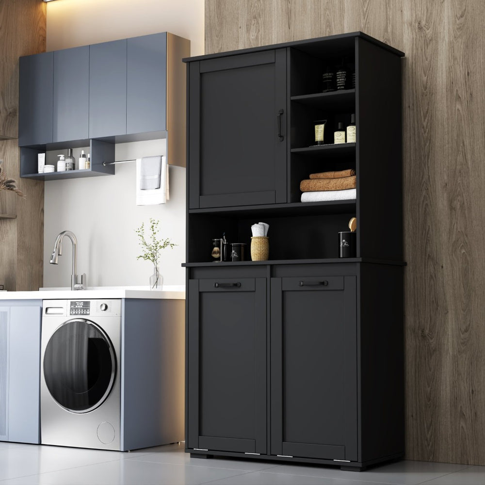 English Elm Laundry Cabinet Freestanding White Melamine with Tilt Out Hamper and Open Shelving W331S00202