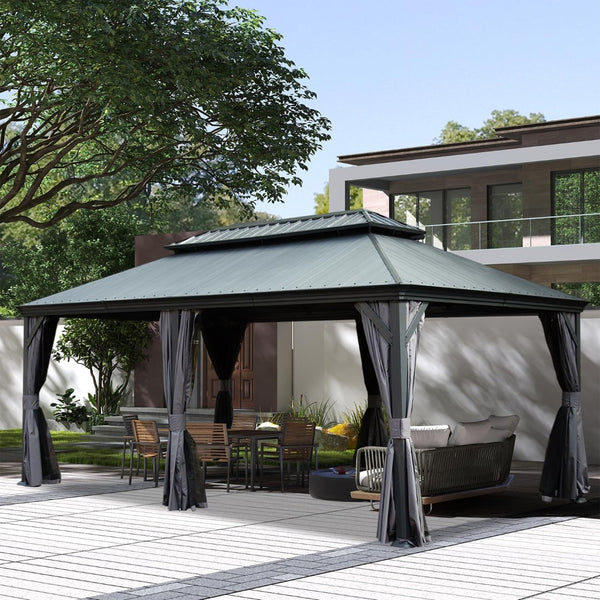 English Elm 12'x18' Hardtop Gazebo Dual Roof Steel Frame Permanent Patio Pavilion with Netting W1859S00187