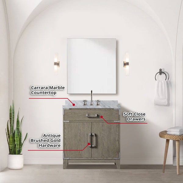 English Elm Grey Oak 30" Single Bath Vanity Set With Carrara Marble Top, 28" Mirror & Chrome Faucet Included B2731S02005
