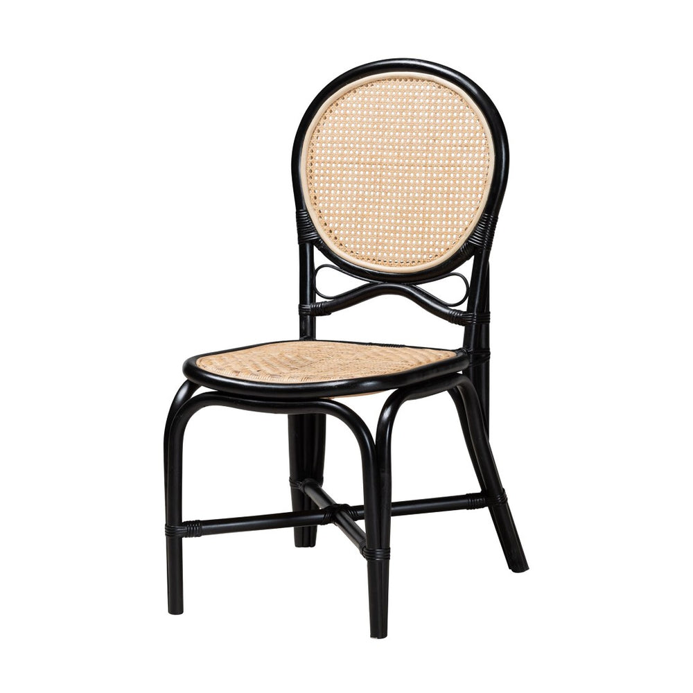English Elm Mid-century Woven Rattan Dining Chair with Circular Back and Black Lacquered Legs B2750P467659