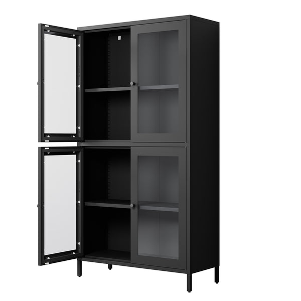 English Elm Classic Metal Storage Cabinet With 4 Glass Doors, Adjustable Shelves For Home & Office – Black Finish W2378P176372