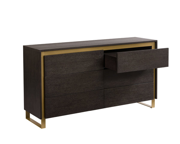 Sunpan Alvaro Dresser - Classic Grey Oak with Six Push-to-Open Drawers & Rustic Bronze Steel Legs, Stylish!