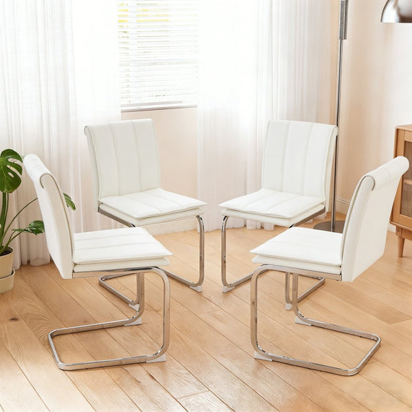English Elm Modern Pu Leather Cantilever Dining Chairs Set of 4 with Steel Arc Frame for Kitchen White W5123P454222