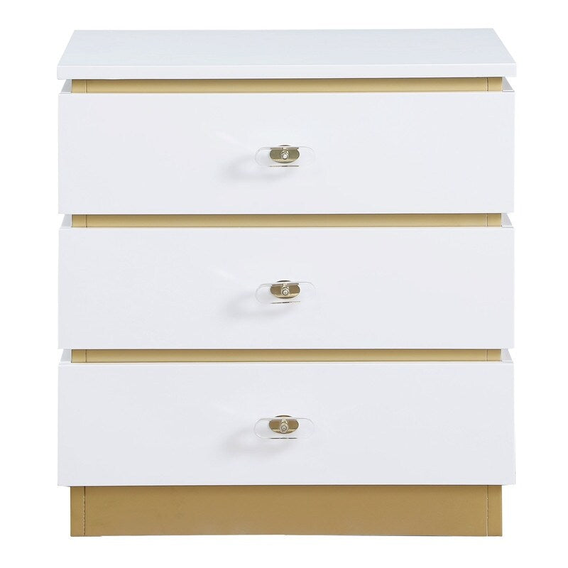 English Elm Living Room End Table Modern White Lacquer with 3 Removable-Handle Drawers & Brushed Gold Base B011P356300