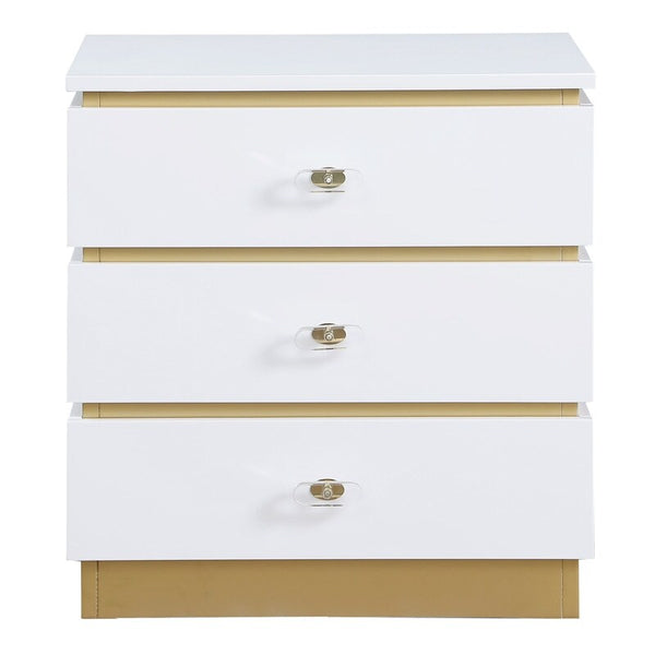English Elm Living Room End Table Modern White Lacquer with 3 Removable-Handle Drawers & Brushed Gold Base B011P356300