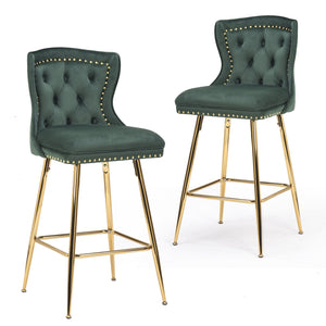 English Elm Bar Stools Set Of 2 - Elegant Green Velvet Wing-Back Chairs With Gold Metal Legs For Modern Dining T3623P363070