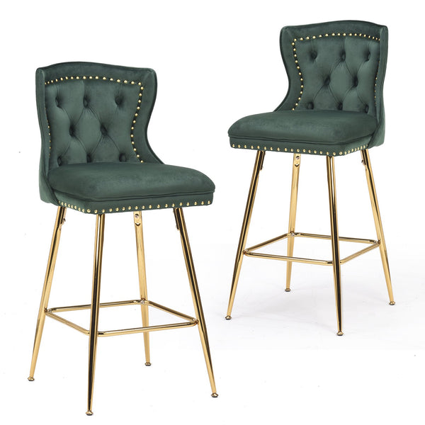 English Elm Bar Stools Set Of 2 - Elegant Green Velvet Wing-Back Chairs With Gold Metal Legs For Modern Dining T3623P363070