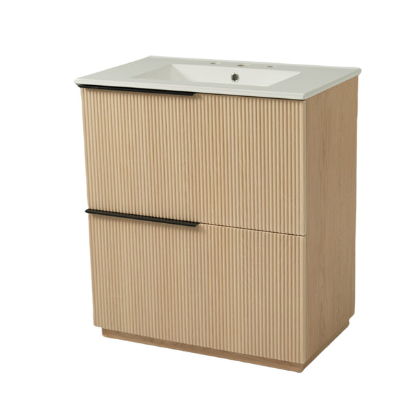 English Elm Christopher Knight Home® - 30" Bathroom Vanity With Ceramic Sink, Soft-Close Drawers & Fluted Natural Finish For Elegant Style N817P295760N