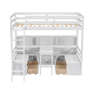English Elm Twin Low Loft Bed with Pull Out Desk Drawers Cabinet and Shelves for Kids White W697S00034