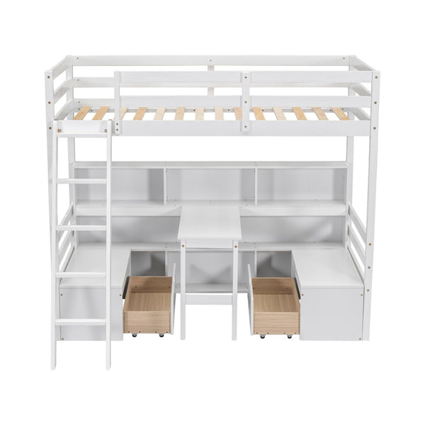 English Elm Twin Low Loft Bed with Pull Out Desk Drawers Cabinet and Shelves for Kids White W697S00034