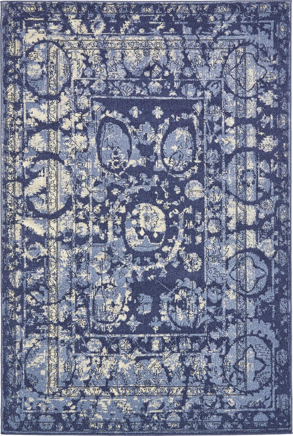 Unique Loom La Jolla Vintage Machine Made Border Rug Blue, Ivory/Navy Blue/Light Blue 6' 1" x 9' 0"