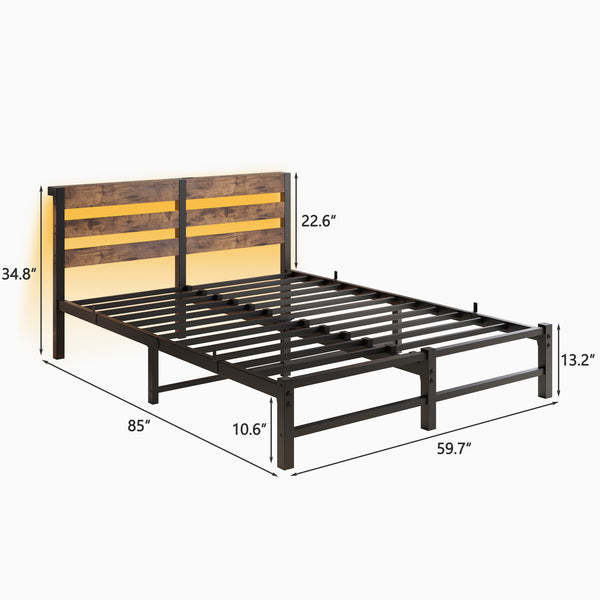 English Elm Queen Metal Bed Frame with Wooden Headboard, Built-In USB Charging, RGB App Lights, Storage Shelf, 10.6" Clearance, Noise-Free, Rustic Finish Beige+Brown W840P209904