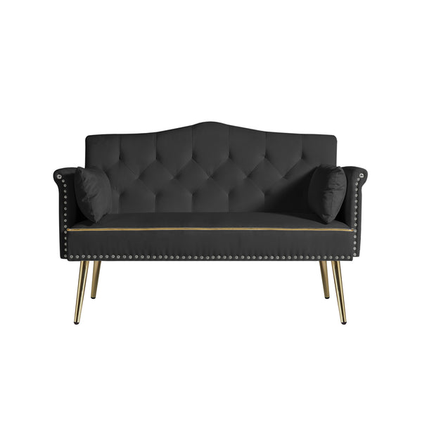 English Elm BLACK Velvet 2-Seater Sofa with Gold Metal Legs, Foam Cushions, Solid Wood Frame, Modern Luxe Design W588P165685