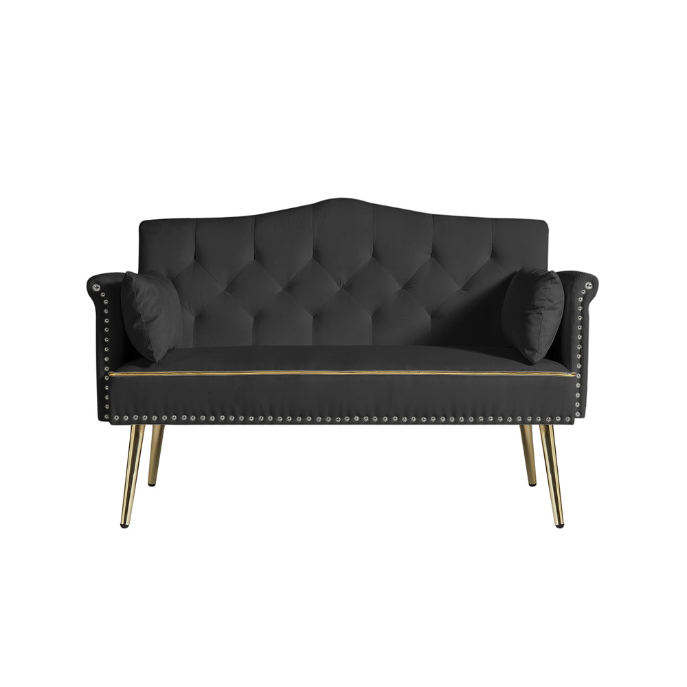 English Elm Black Velvet Loveseat Sofa - Compact 2-Seater Velvet Couch with Metal Legs, Easy Assembly, Durable Comfort W588P340030