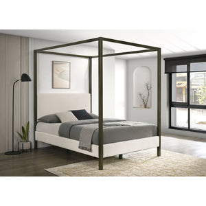 English Elm Mellie Queen Canopy Bed in Vanilla Upholstery with Bronze Four-Post Frame, Padded Headboard & Slats B062S00618