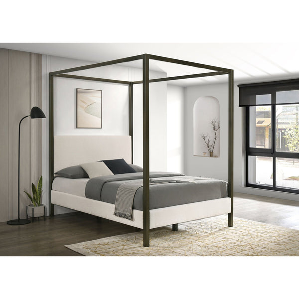 English Elm Mellie Queen Canopy Bed in Vanilla Upholstery with Bronze Four-Post Frame, Padded Headboard & Slats B062S00618