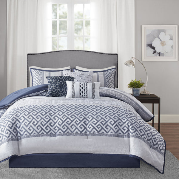 English Elm 7 Piece Jacquard Comforter Set Elegant Striped Geometric Design with Faux Silk Bedskirt & Pillows, Queen Navy 23.62 L x 18.9 W x 15.75 H B03597208