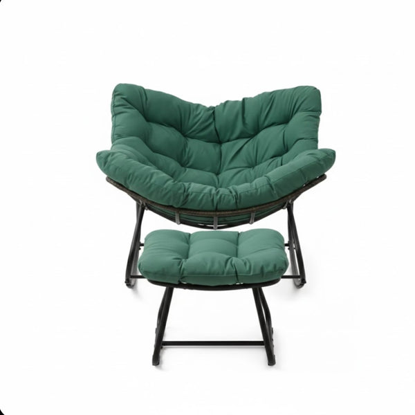 English Elm Dark Wicker Egg Rocking Chair with Ottoman Outdoor Pe Woven Patio Lounge Set Green B082P455172