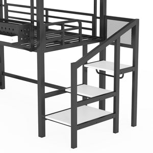 English Elm Twin Metal Loft Bed with Built-in Wardrobe Storage Stairs Led Lights and Usb Ports W5316S00045