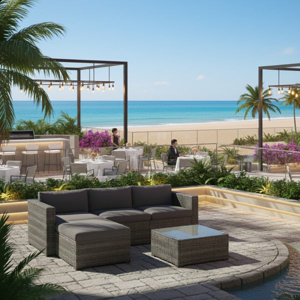 English Elm 5-piece Outdoor Modular Pe Rattan Wicker Patio Set with Tempered Glass Coffee Table Gray B082P455127