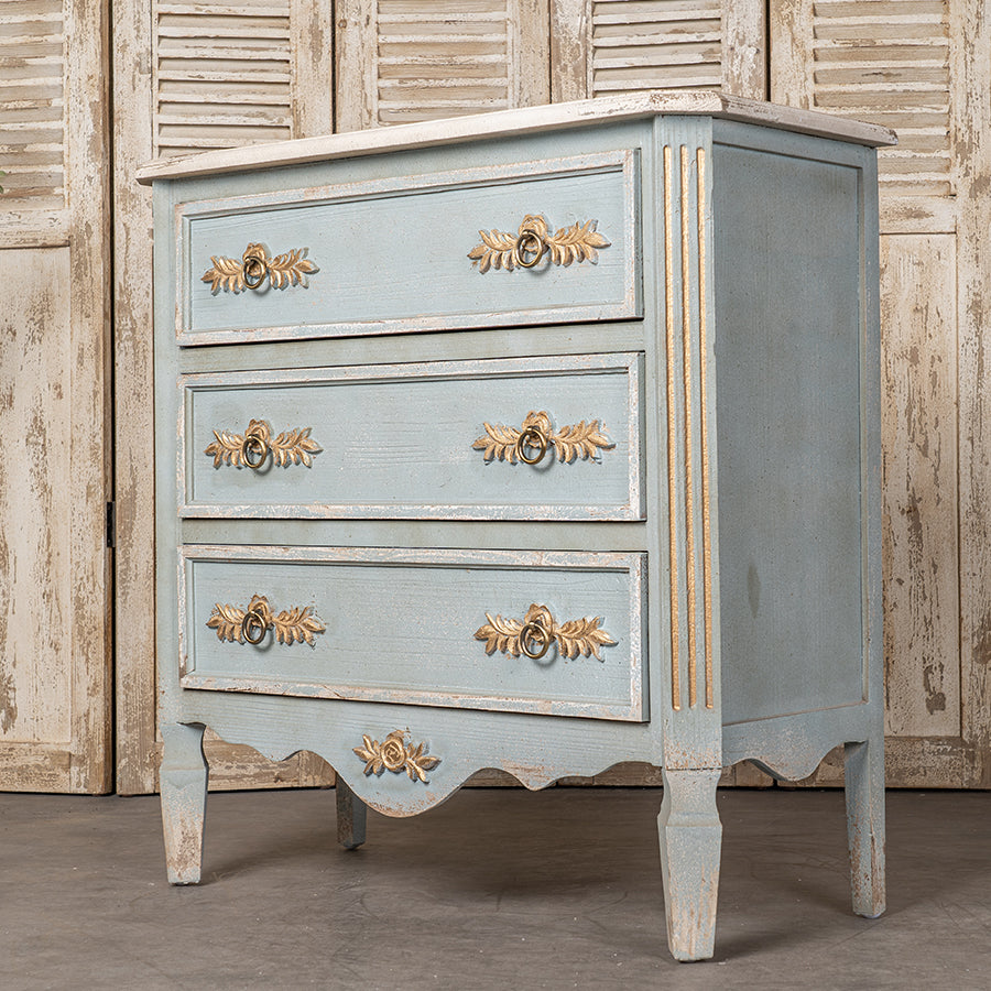 English Elm 24QJ0078 Distressed Light Blue Wood & Metal Cabinet with Two Drawers, Cream Top, Gold Accents, 37.4"L x 18.3"W x 37.8"H W2946P243868