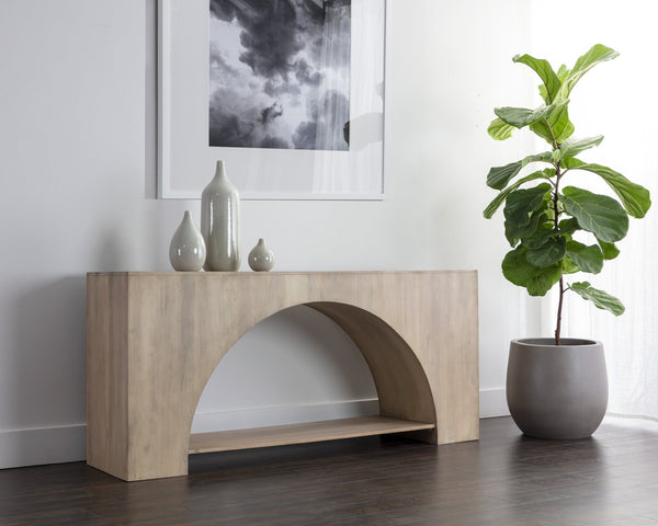 Sunpan Salma Console Table - Modern Arch Design in Solid Acacia Wood with Whitewash Finish for Elegance