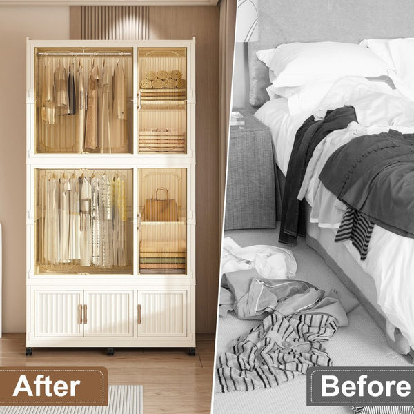 English Elm Portable Wardrobe Closet Organizer - Modular Storage With 9 Cubes, 2 Hanging Rods & Lockable Casters W2699P327124-GIGA