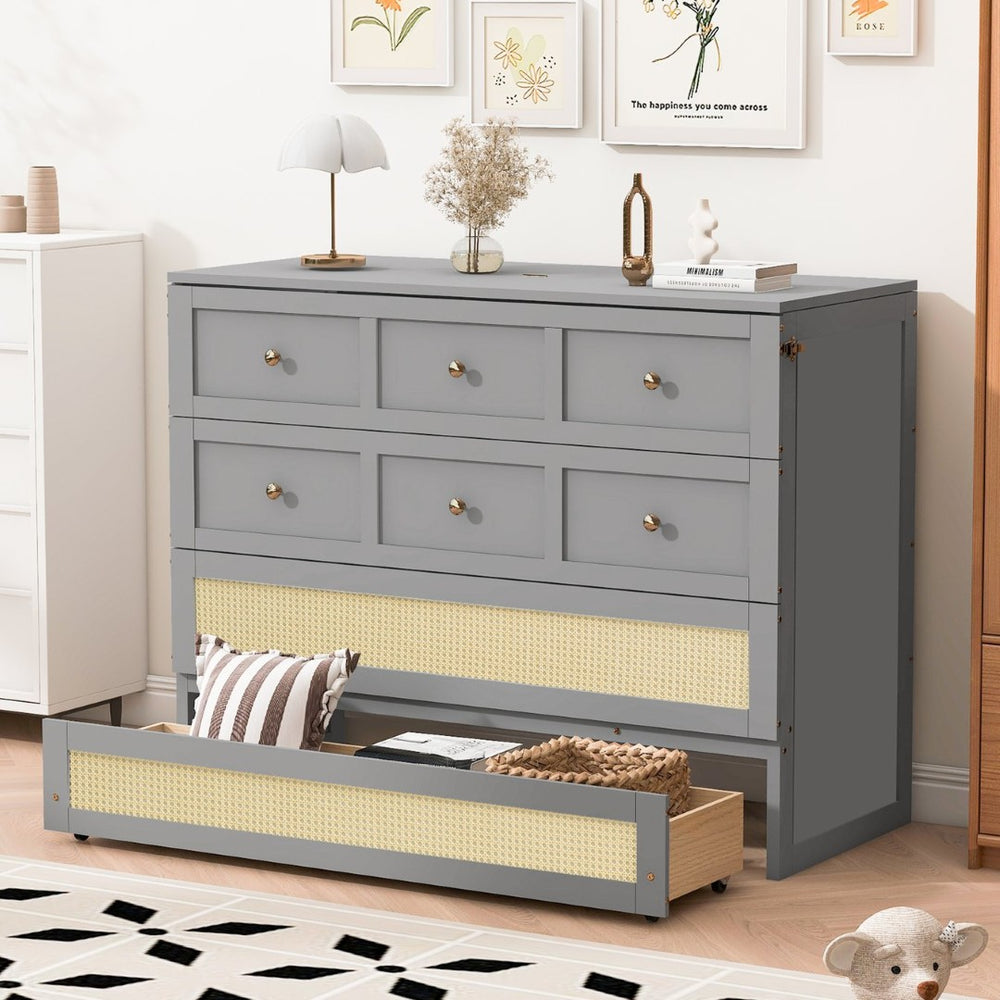 English Elm Full Size Murphy Wall Bed Cabinet with Rattan Panel Detailing and Storage Drawers Gray N708P336203E