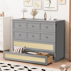 English Elm Full Size Murphy Wall Bed Cabinet with Rattan Panel Detailing and Storage Drawers Gray N708P336203E