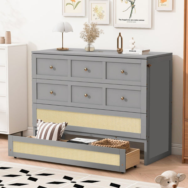 English Elm Full Size Murphy Wall Bed Cabinet with Rattan Panel Detailing and Storage Drawers Gray N708P336203E