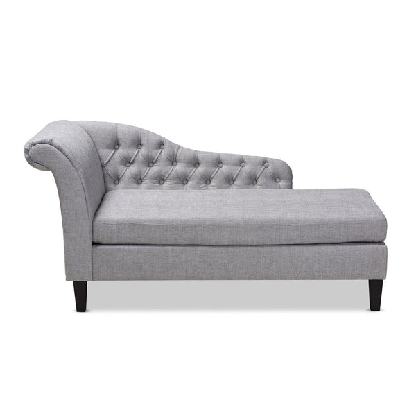 Baxton Studio Baxton Studio Florent Modern Chaise Lounge with Victorian Scroll Back and Luxurious Button Tufting Grey CFCL2-Grey/Black-KD Chaise