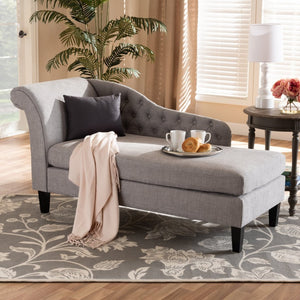 Baxton Studio Baxton Studio Florent Modern Chaise Lounge with Victorian Scroll Back and Luxurious Button Tufting Grey CFCL2-Grey/Black-KD Chaise